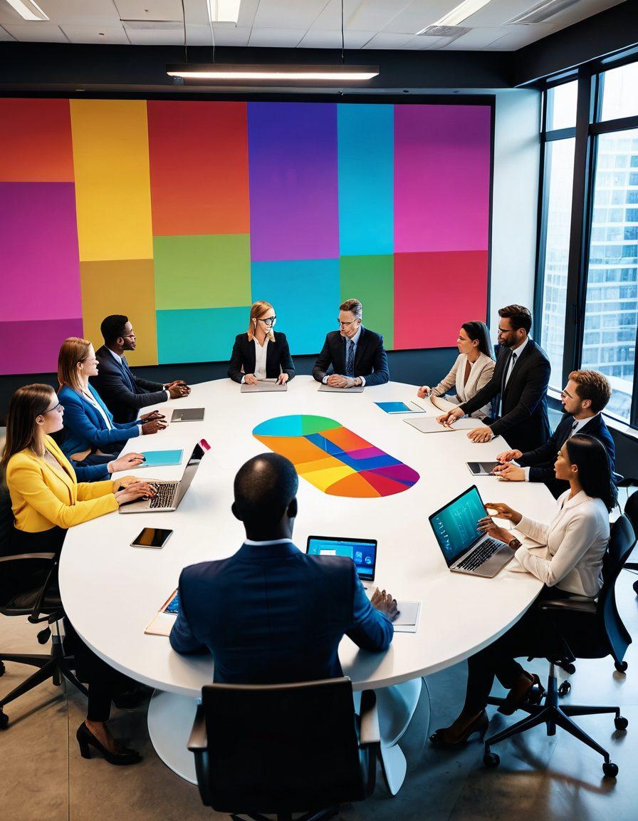 A dynamic scene showcasing a diverse group of professionals engaged in a lively discussion, surrounded by digital interfaces displaying graphs and client interactions. A backdrop of thriving business tools symbolizes growth and collaboration. Warm colors radiate an inviting atmosphere, highlighting the importance of connection and relationship management. Include elements of teamwork and technology for a modern touch. super-realistic. vibrant colors. soft focus.