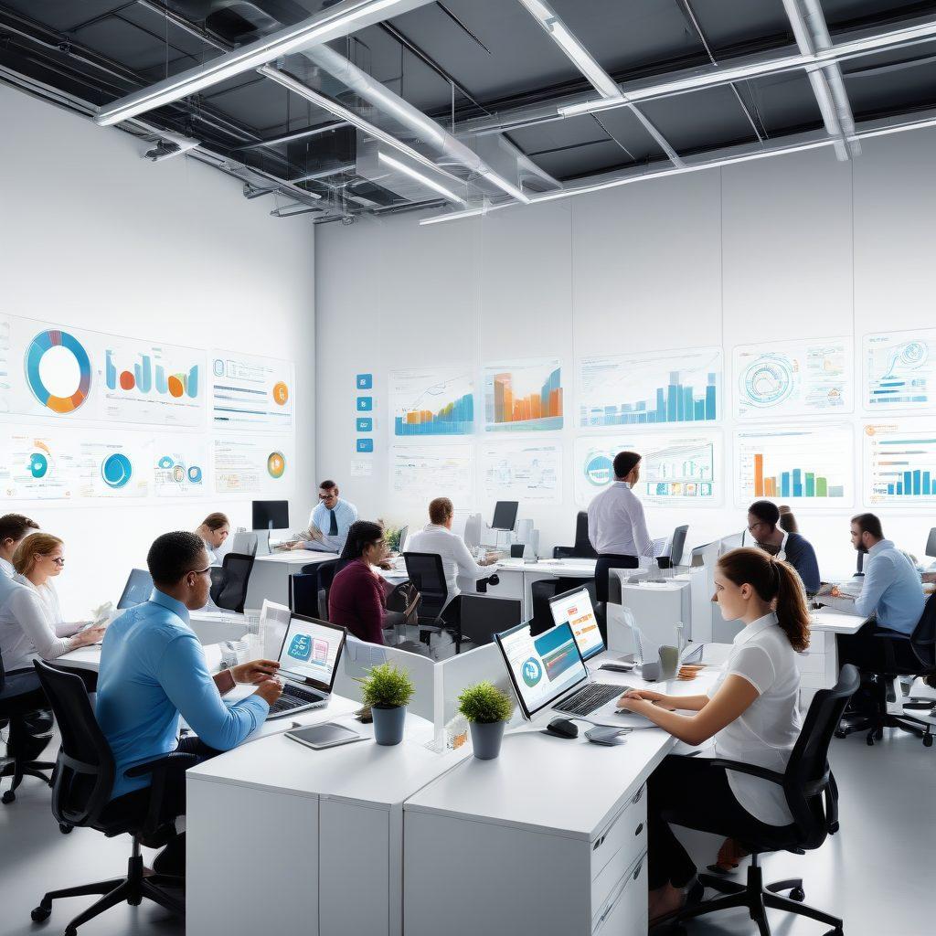 A modern office scene showcasing diverse professionals engaging with high-tech devices like tablets and smartphones, visualizing data and analytics on screens. Infographics of relationship networks and digital communication icons surround them, symbolizing effective client management through technology. The atmosphere is vibrant and collaborative, emphasizing innovation in the workplace. super-realistic. vibrant colors. white background.