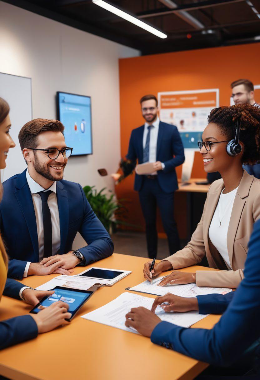 A modern office environment showcasing a diverse team of customer support representatives engaged in a vibrant discussion with clients. Incorporate elements of technology like chatbots, virtual meetings, and social media interactions to symbolize support. Include warm tones and a welcoming atmosphere to emphasize relationship building. Illustrate a balance of professionalism and approachability. super-realistic. vibrant colors. 3D.